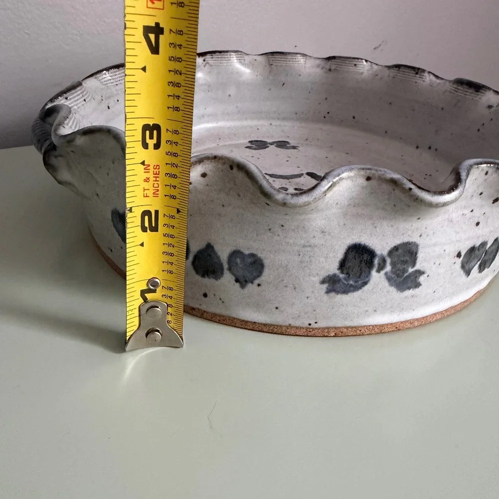 Vintage 1989 Signed Studio Pottery Serving Bowl Scalloped Rim Blue Gray Floral